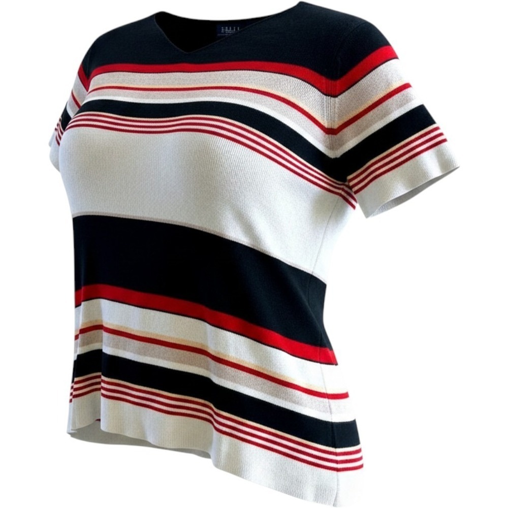 Crazy Horse Knit Top Women 1 Navy Red White Striped Short Sleeve V-Neck Vintage